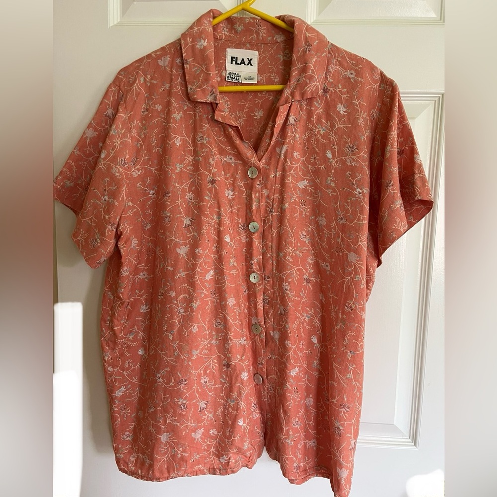 Boxy Floral Coral Button Down Linen Shirt by Flax